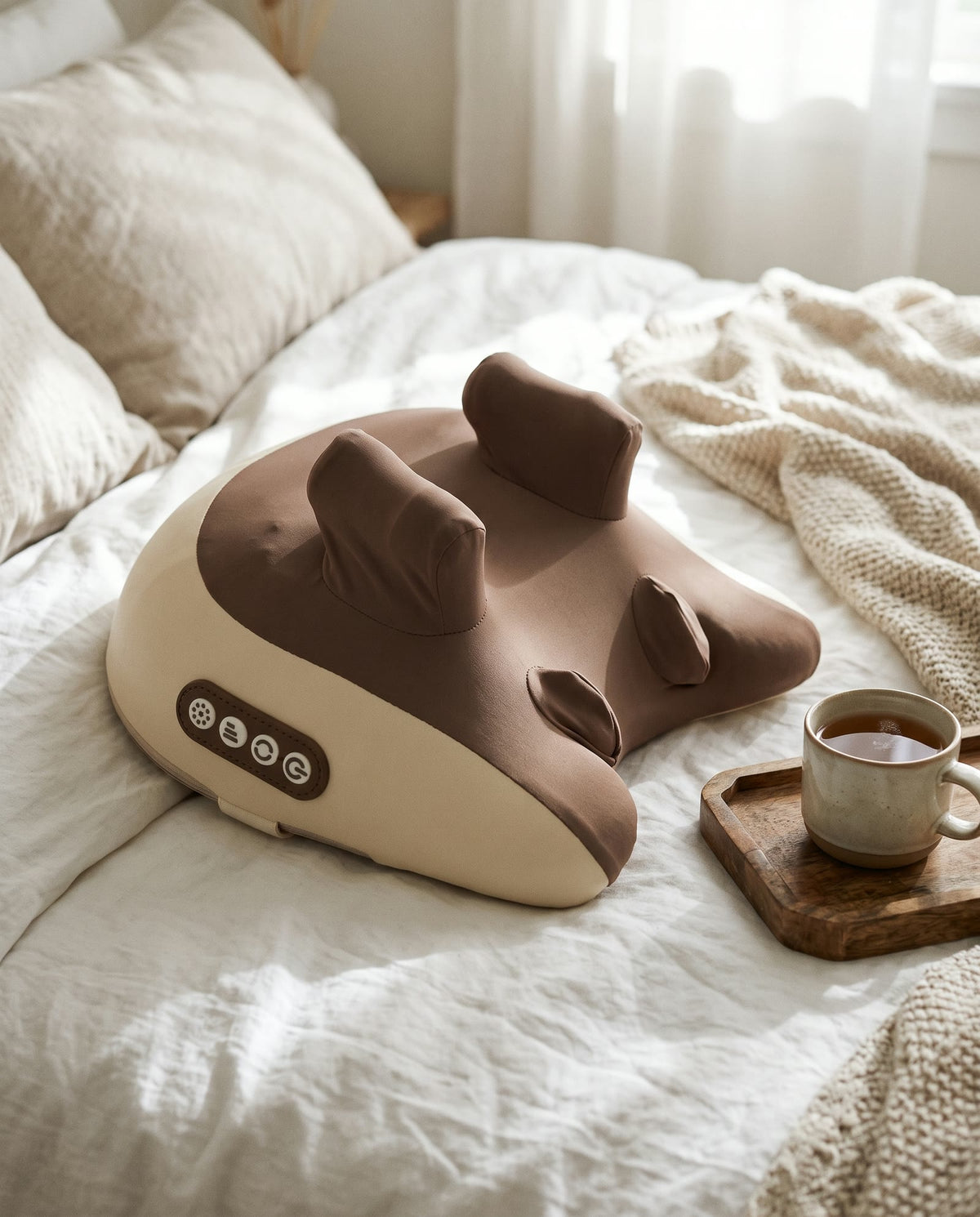 HiZoo on a made bed next to a cup of tea