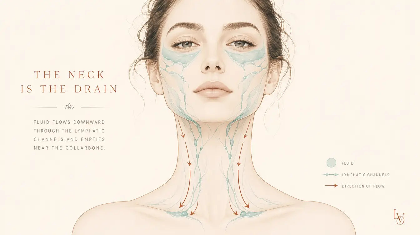 Illustration showing facial fluid draining downward through the neck to the collarbone