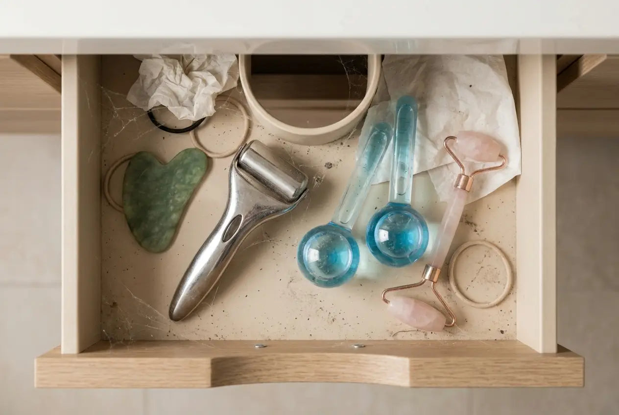 A drawer of forgotten beauty tools — a jade gua sha stone, a steel ice roller and a rose-quartz face roller
