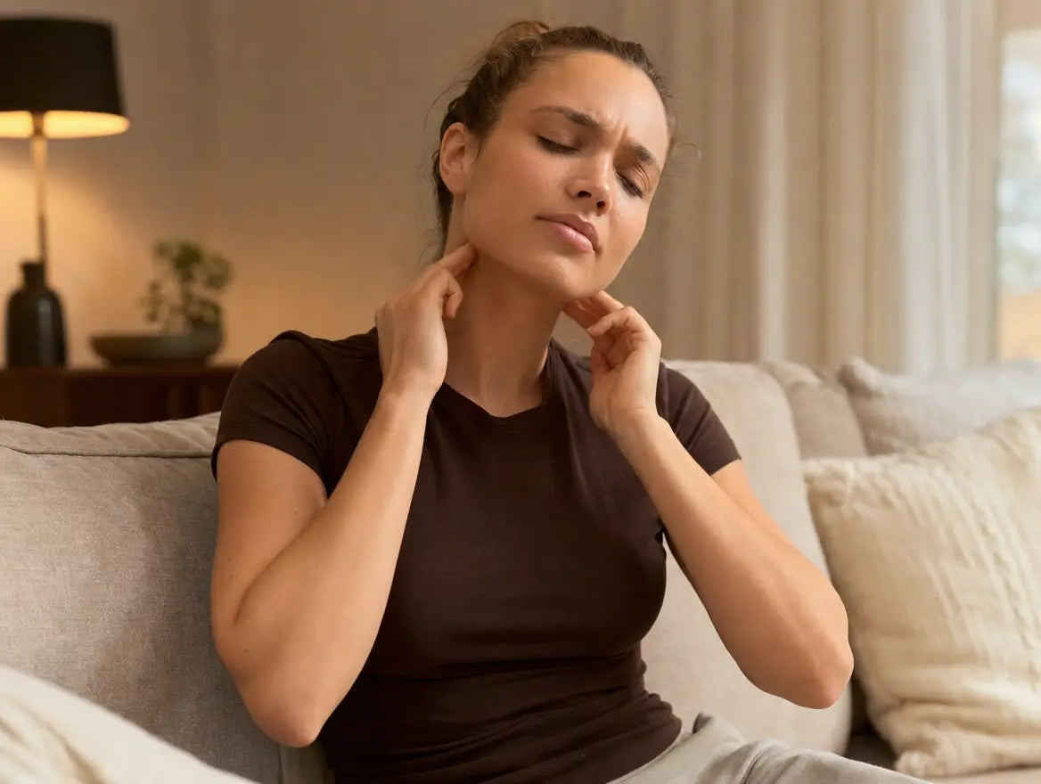 A woman trying to massage her own neck, tired and unsure of the pressure