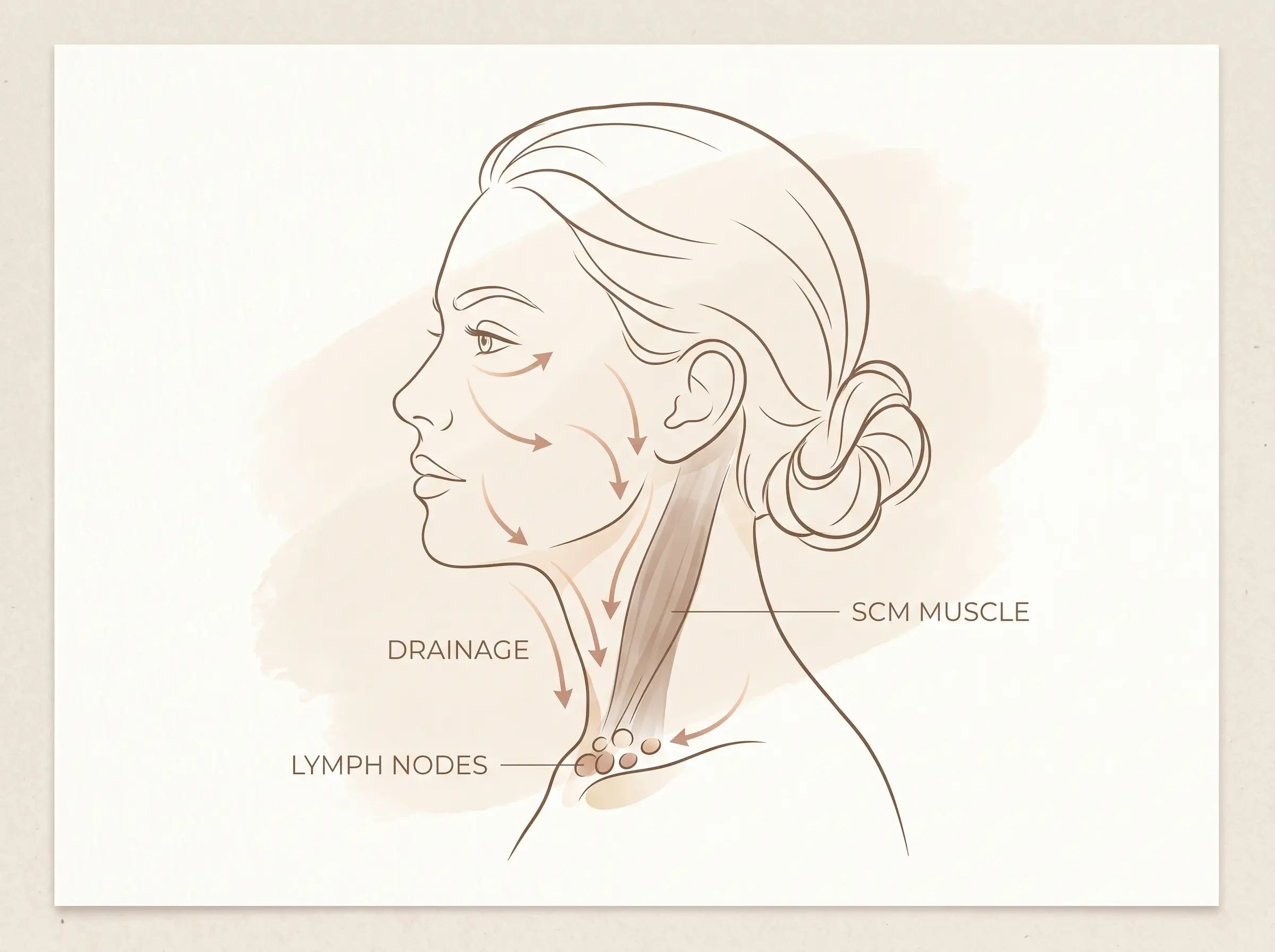 Diagram of facial lymphatic fluid draining down the neck past the SCM muscle to the lymph nodes