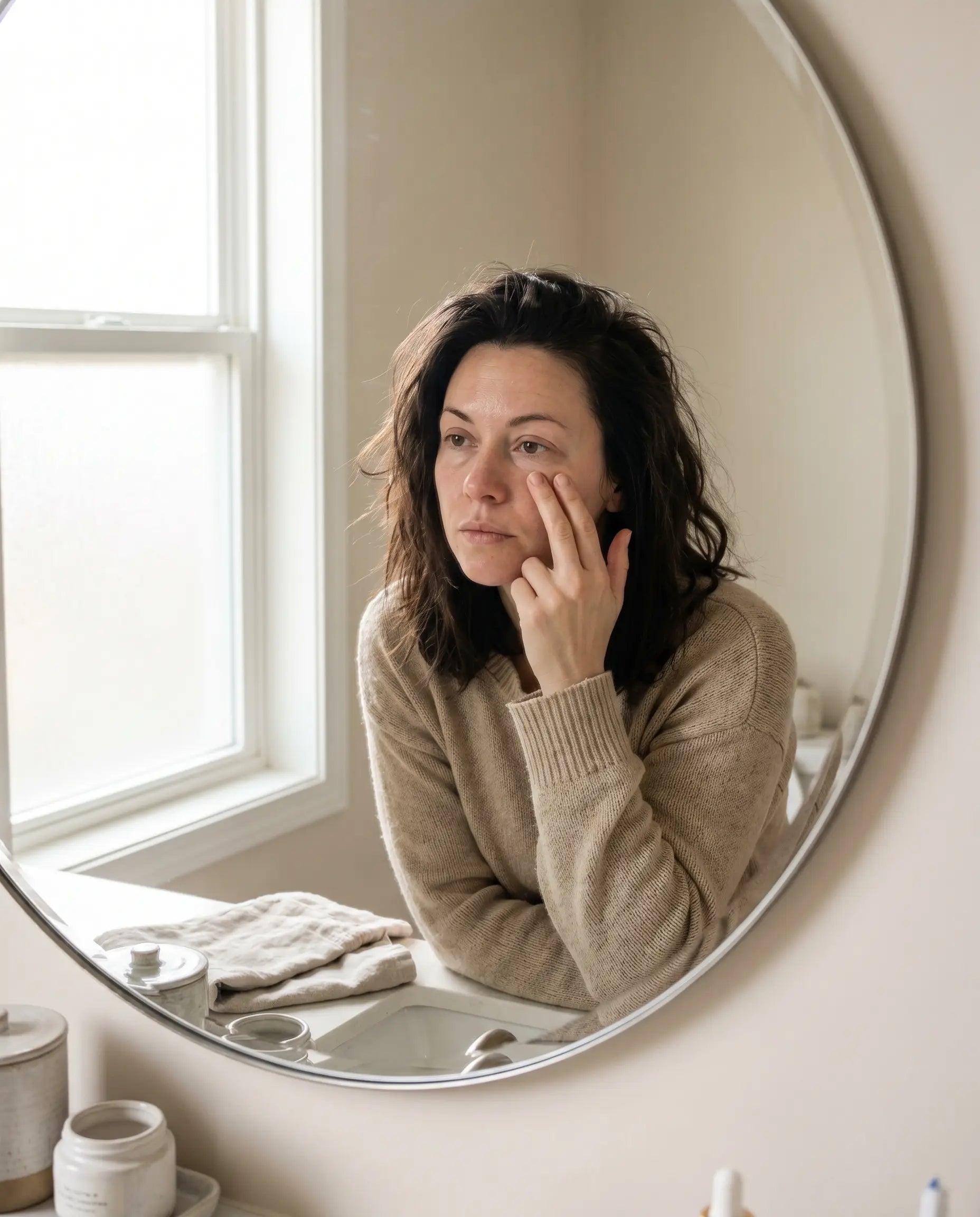 Woman examining her slightly puffy face in the bathroom mirror in soft morning light
