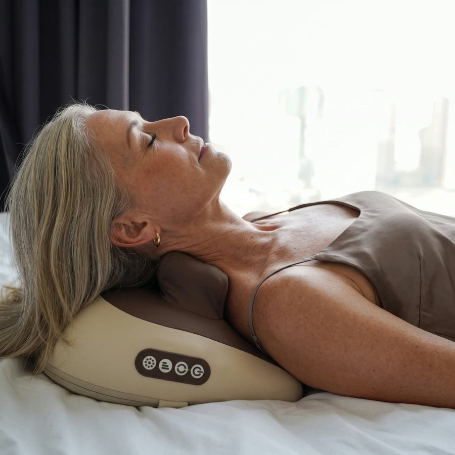 Woman lying back in bed with Hizoo behind her neck