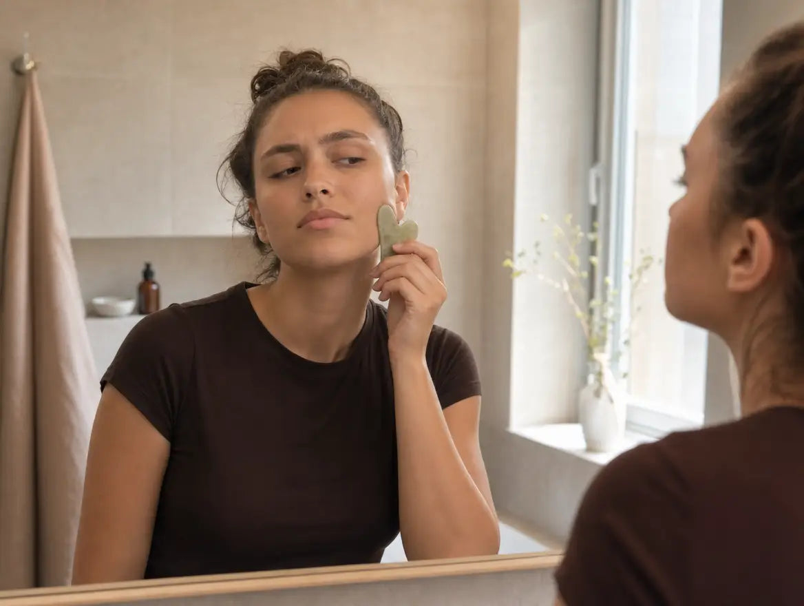 A woman using a gua sha stone in the mirror, unconvinced by the small result
