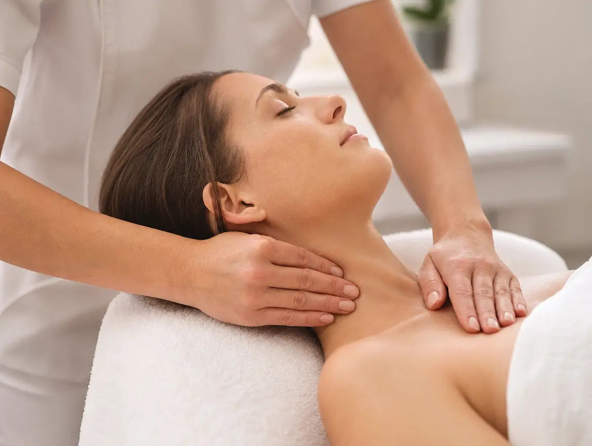 A lymphatic therapist clearing the neck and collarbone before treating anywhere else