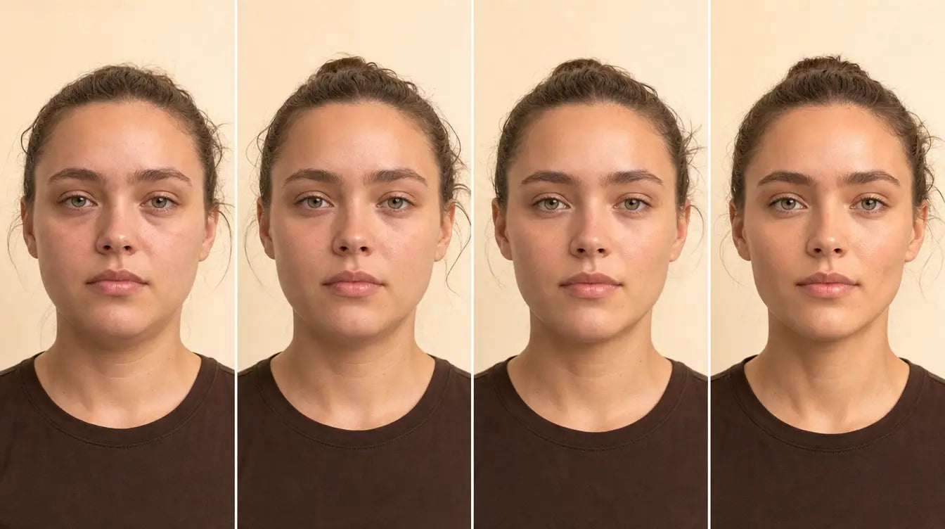 The same face across four weeks, progressively less puffy and more defined