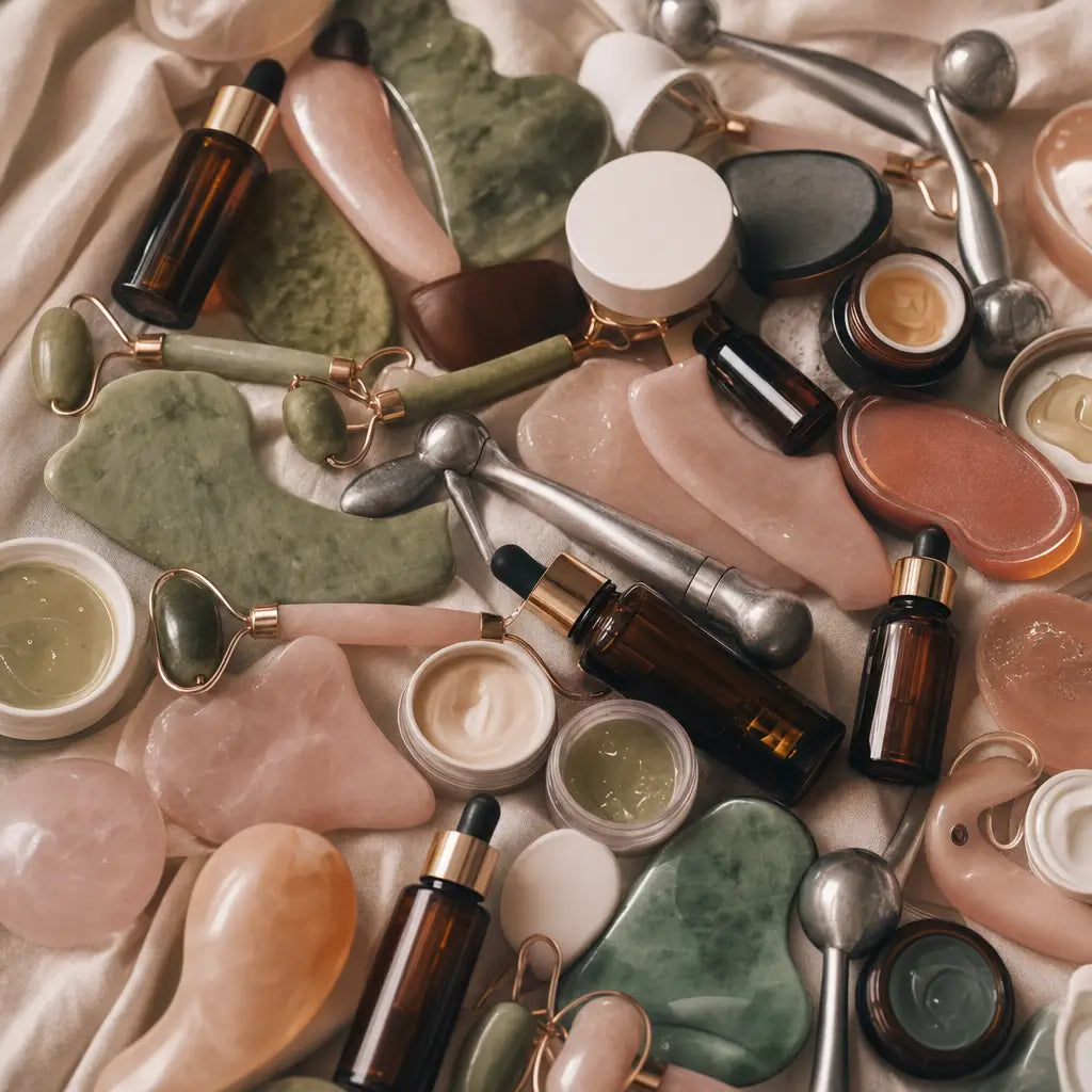 An overwhelming clutter of facial depuffing tools — rollers, stones, masks, serums
