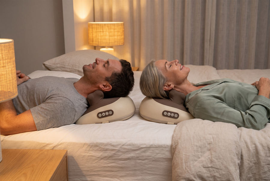 A man and a woman in bed, each lying back on their own Hizoo
