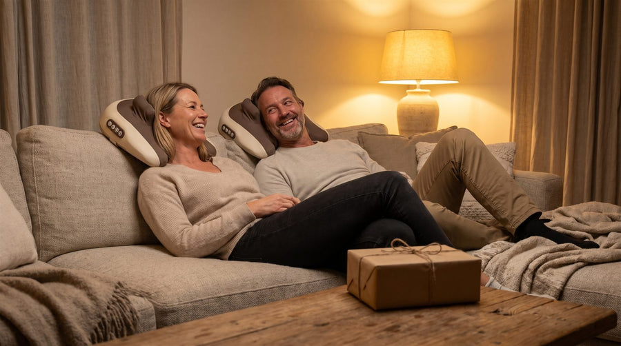 A couple laughing on the sofa, each lying back on a Hizoo, with a wrapped gift on the coffee table
