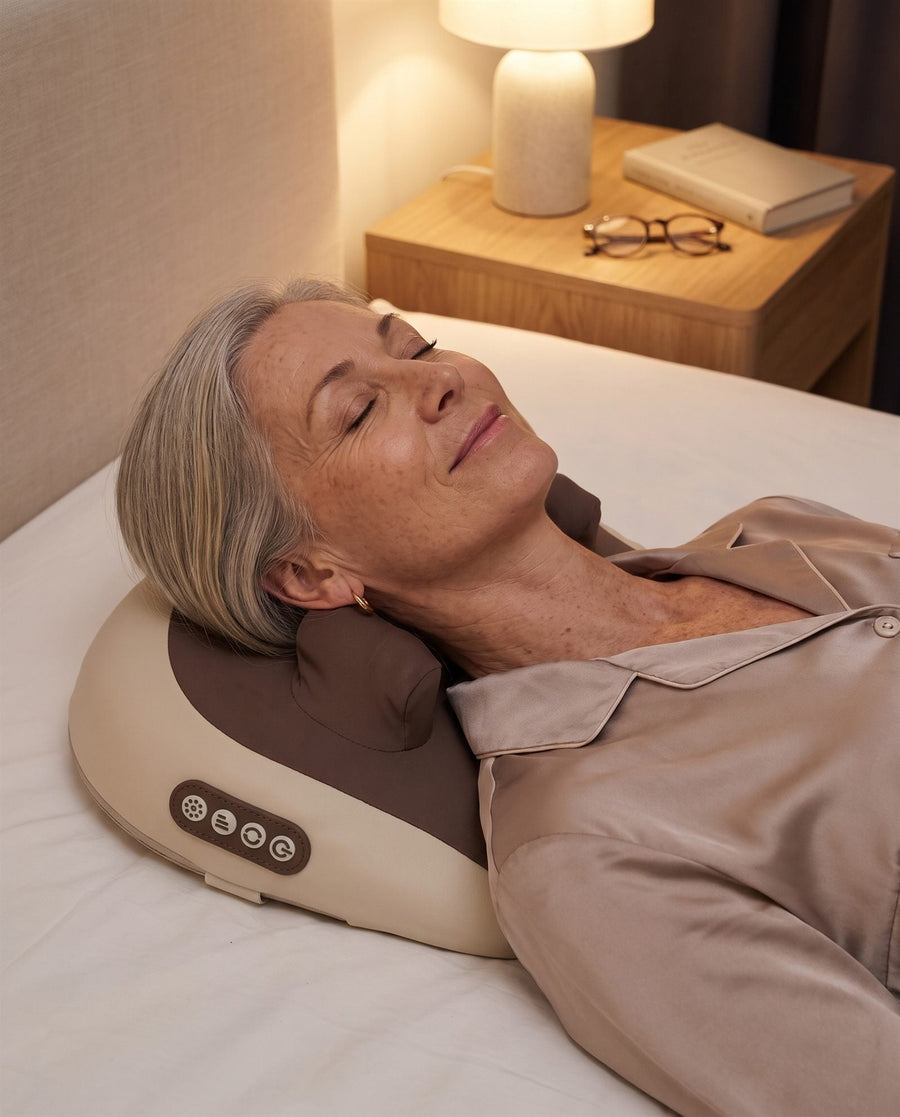 Woman in her 50s lying back on Hizoo in bed in the evening