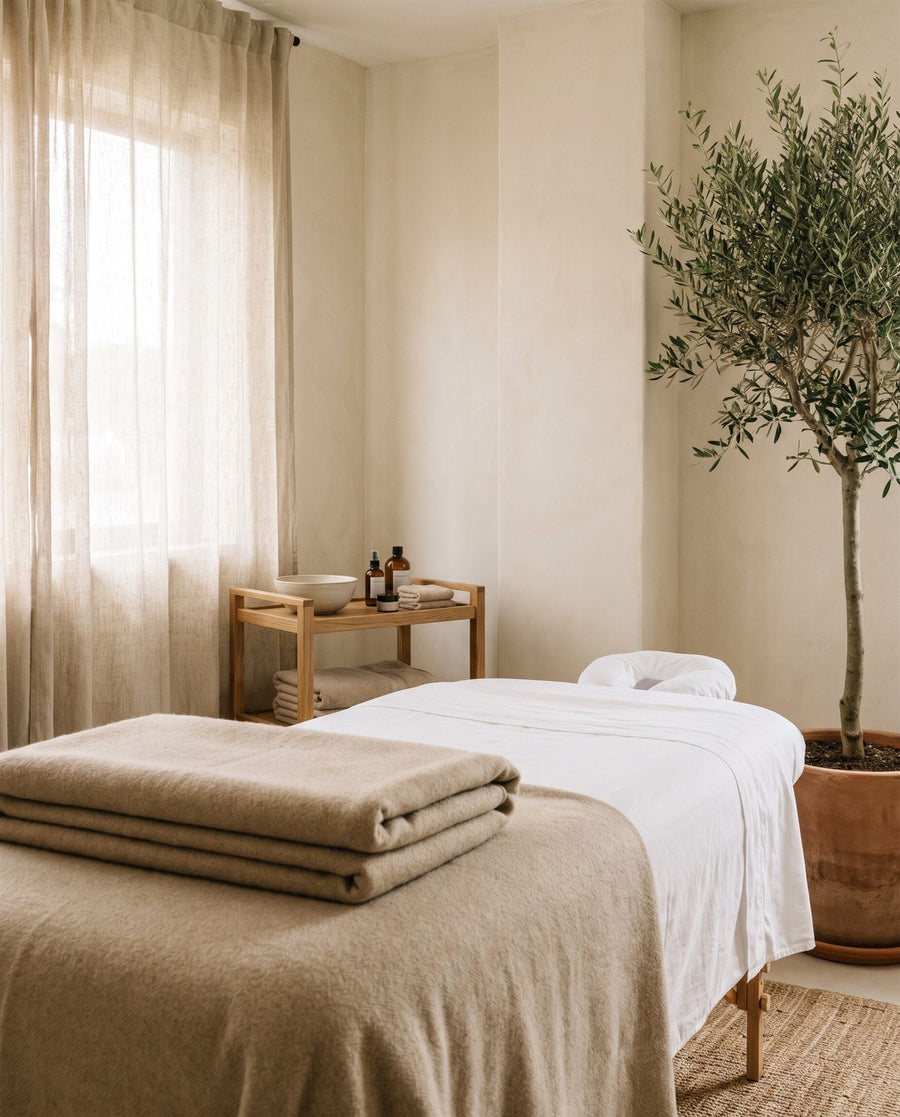 A quiet treatment room with a massage table, folded towels and oils