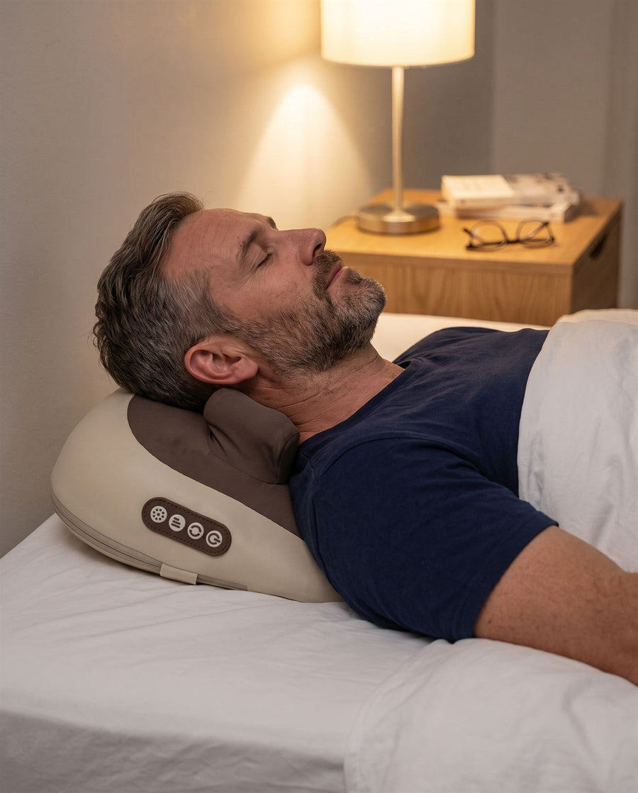 Man in his 40s with a beard lying back on Hizoo in bed at night