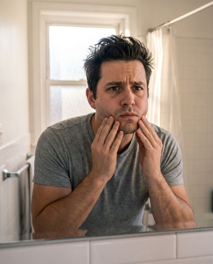 Man at the bathroom mirror in the morning, pressing his jaw