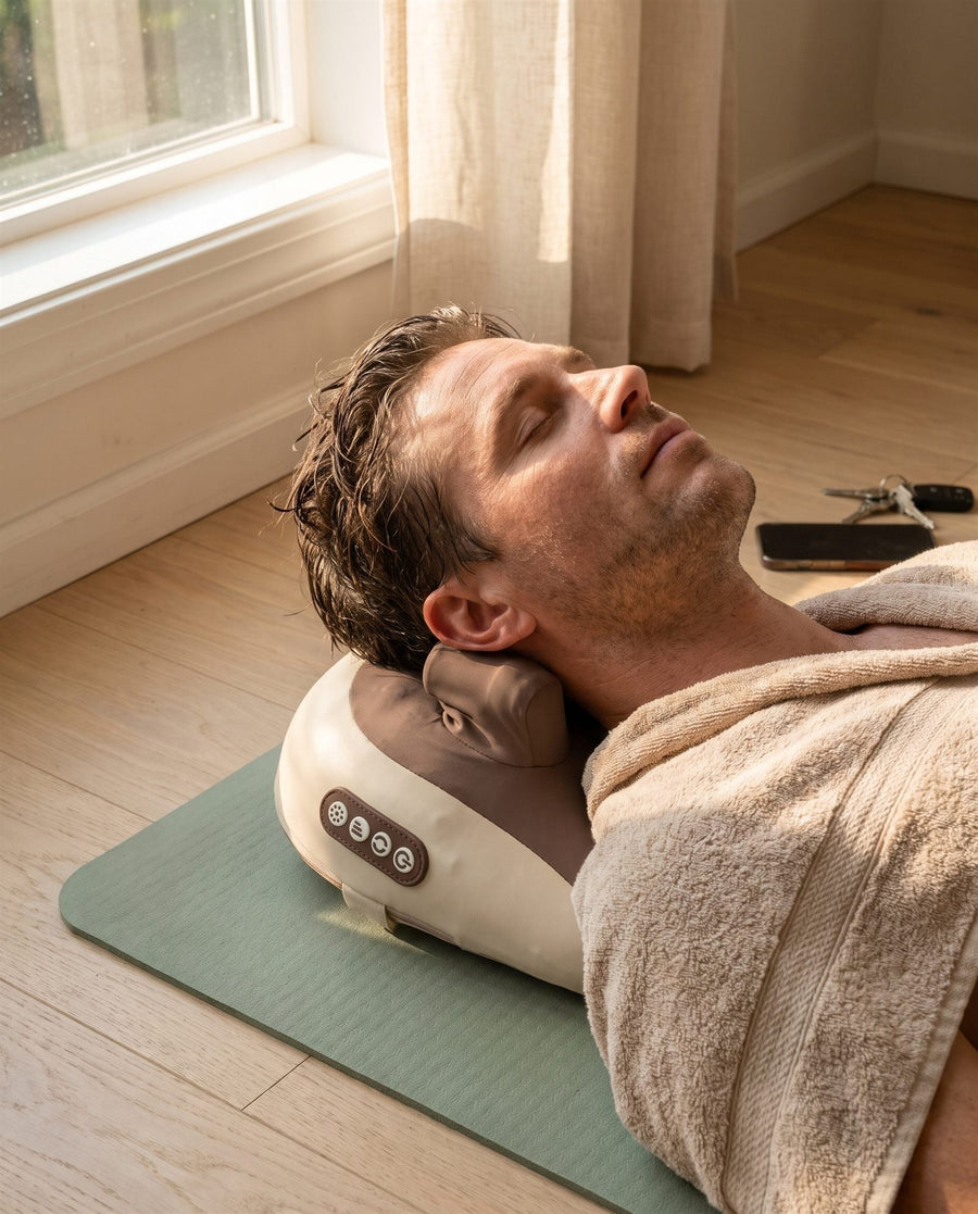 Man lying back on Hizoo on a mat on the floor in the morning