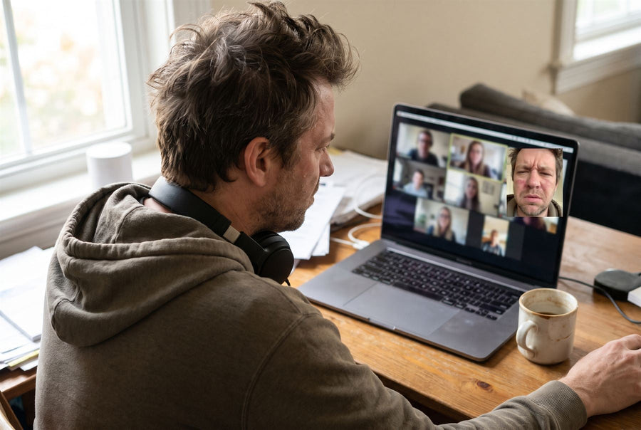 Man on a video call at his laptop, looking at his own face on the screen
