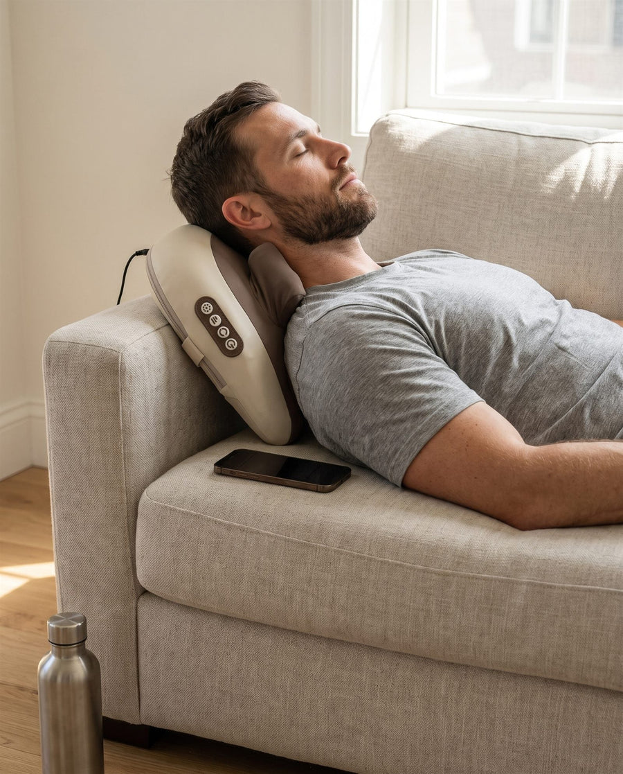 A man with a beard lying back on Hizoo on a sofa with his eyes closed