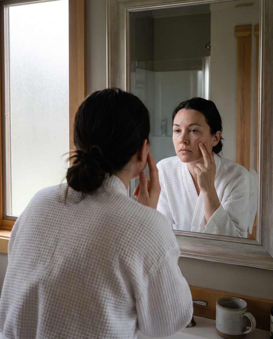 Woman looking at her face in the bathroom mirror first thing in the morning