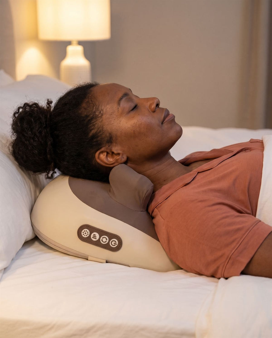 Woman in her 40s lying back on Hizoo in bed