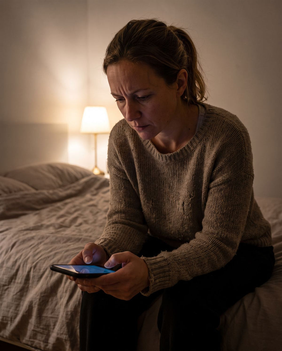 Woman sitting on her bed at night, frowning at photos on her phone
