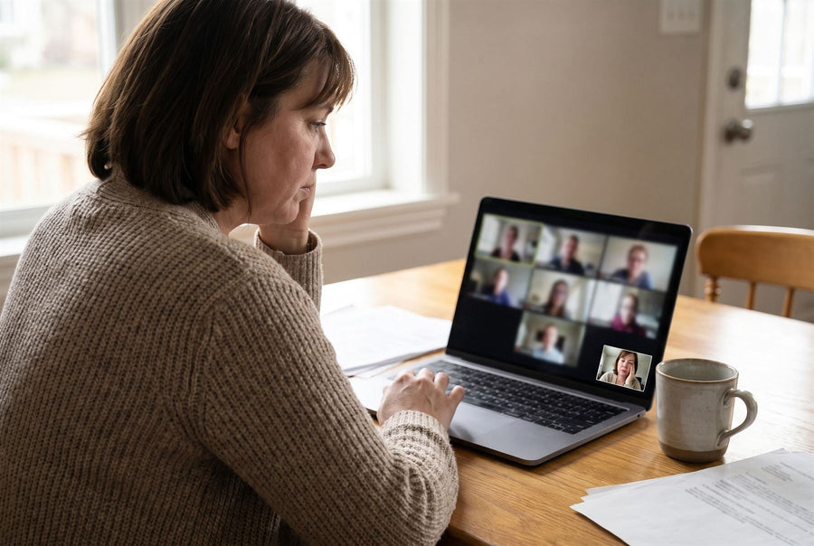 Woman on a video call at her kitchen table, looking at her own face in the corner of the screen