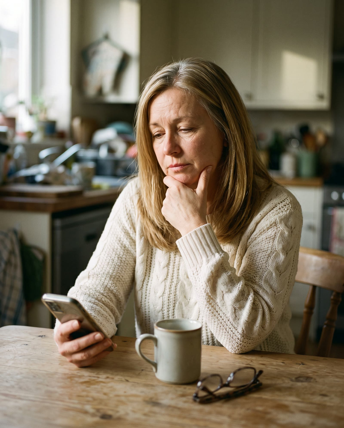 Woman looking at a photo of herself on her phone, touching her jawline