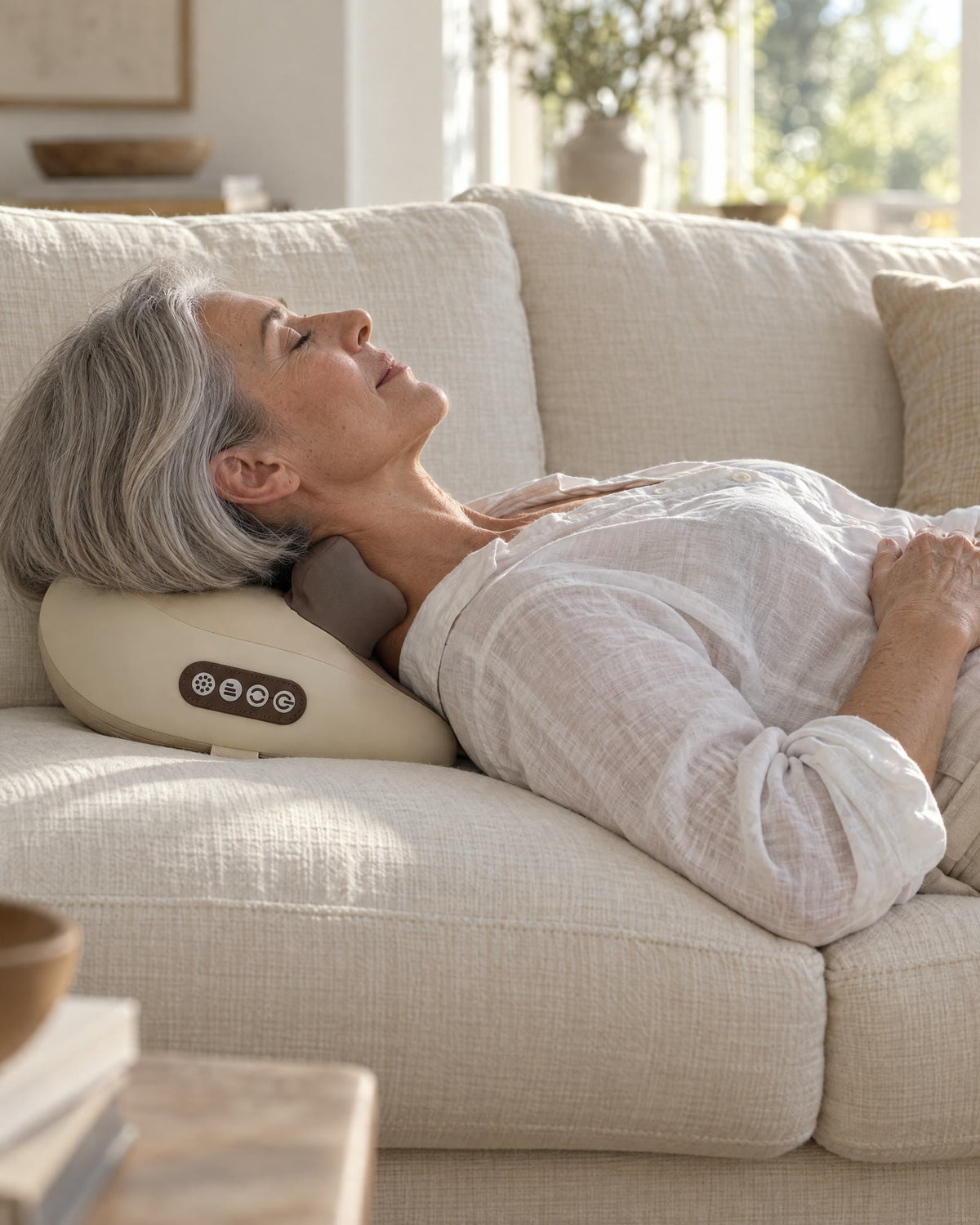 Woman lying on a sofa with HiZoo under her neck